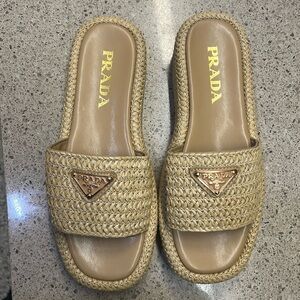 Women’s Prada Raffia Single-Band Platform Slides Color: Naturale